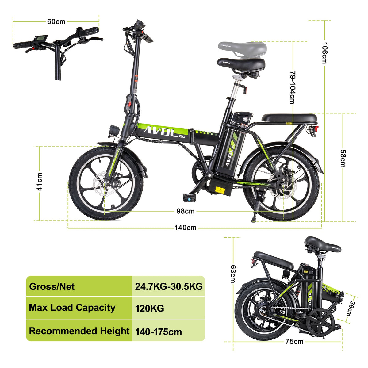 16" Ebike Folding Bicycle for Adults Top Speed 25km/h | A10 Green