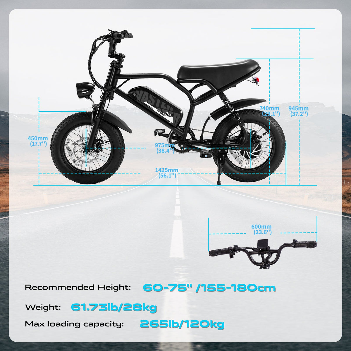 16'' Electric Bike for Teenager 25 km/h Fat Tire Electric Bike | A13 Blue