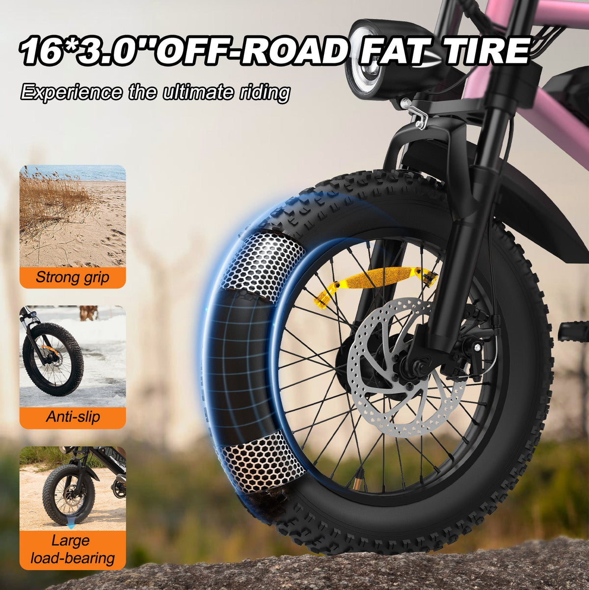 16 x 4.0 inch Fat Tire E-Bike for Teenager Top Speed 25km/h, Removable 36V 12.8Ah Battery, 50-70 Km PAS Range Full Suspension,EU Compliant | A13 Pink