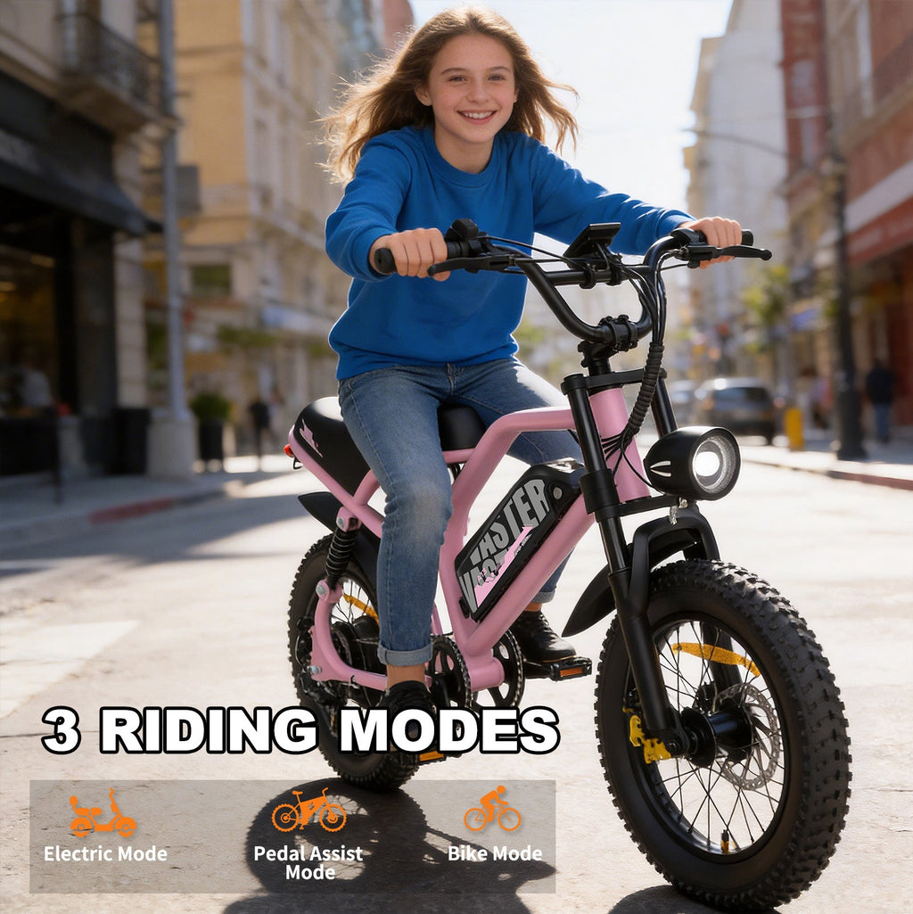 16 x 4.0 inch Fat Tire E-Bike for Teenager Top Speed 25km/h, Removable 36V 12.8Ah Battery, 50-70 Km PAS Range Full Suspension,EU Compliant | A13 Pink