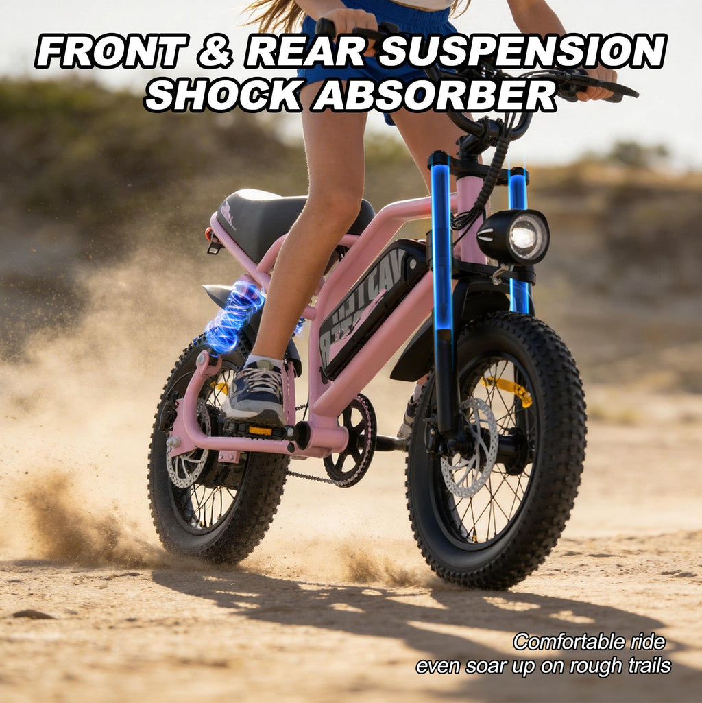 16 x 4.0 inch Fat Tire E-Bike for Teenager Top Speed 25km/h, Removable 36V 12.8Ah Battery, 50-70 Km PAS Range Full Suspension,EU Compliant | A13 Pink