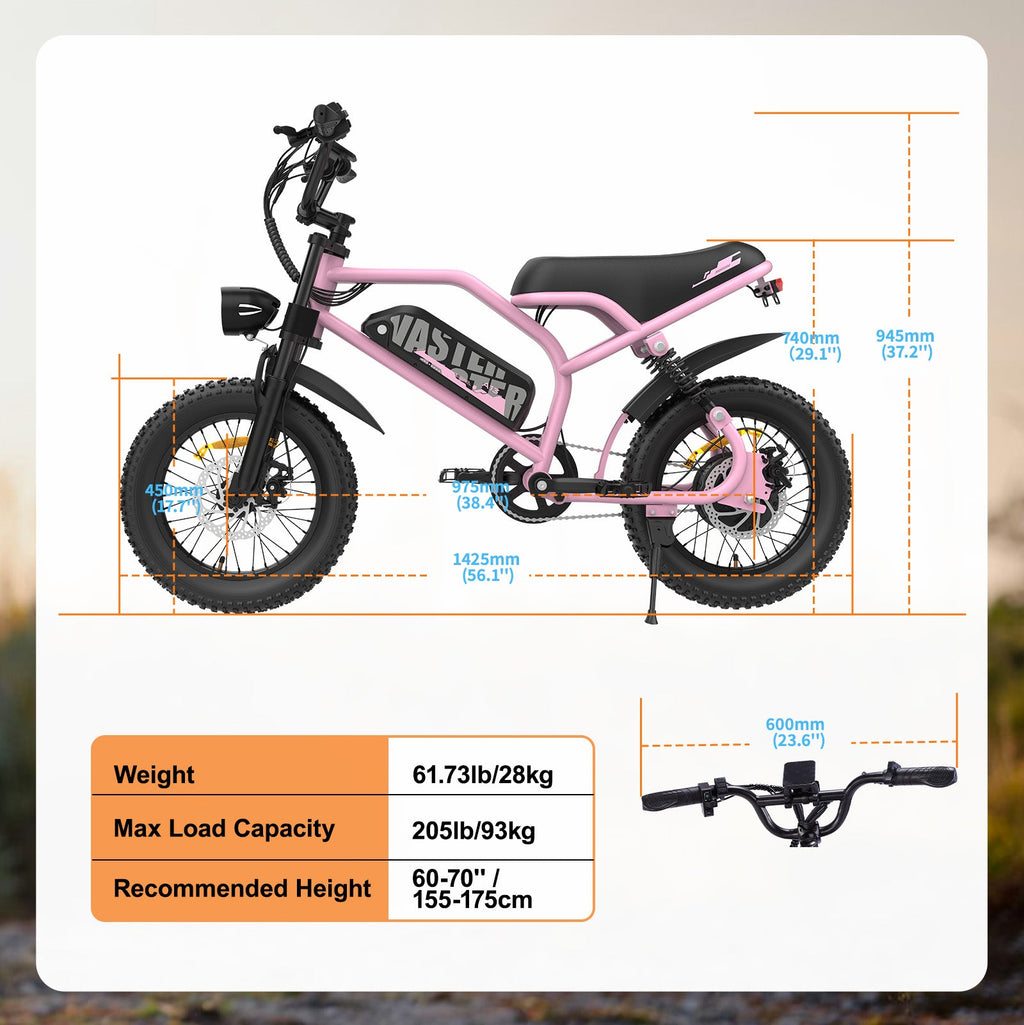 Electric Bike for Teenager 20 mph Ebike ,16'' Fat Tire Electric Bike, 20-45 Miles PAS Range, 36V12.8 Ah, 460Wh Larger Battery | A13 Pink