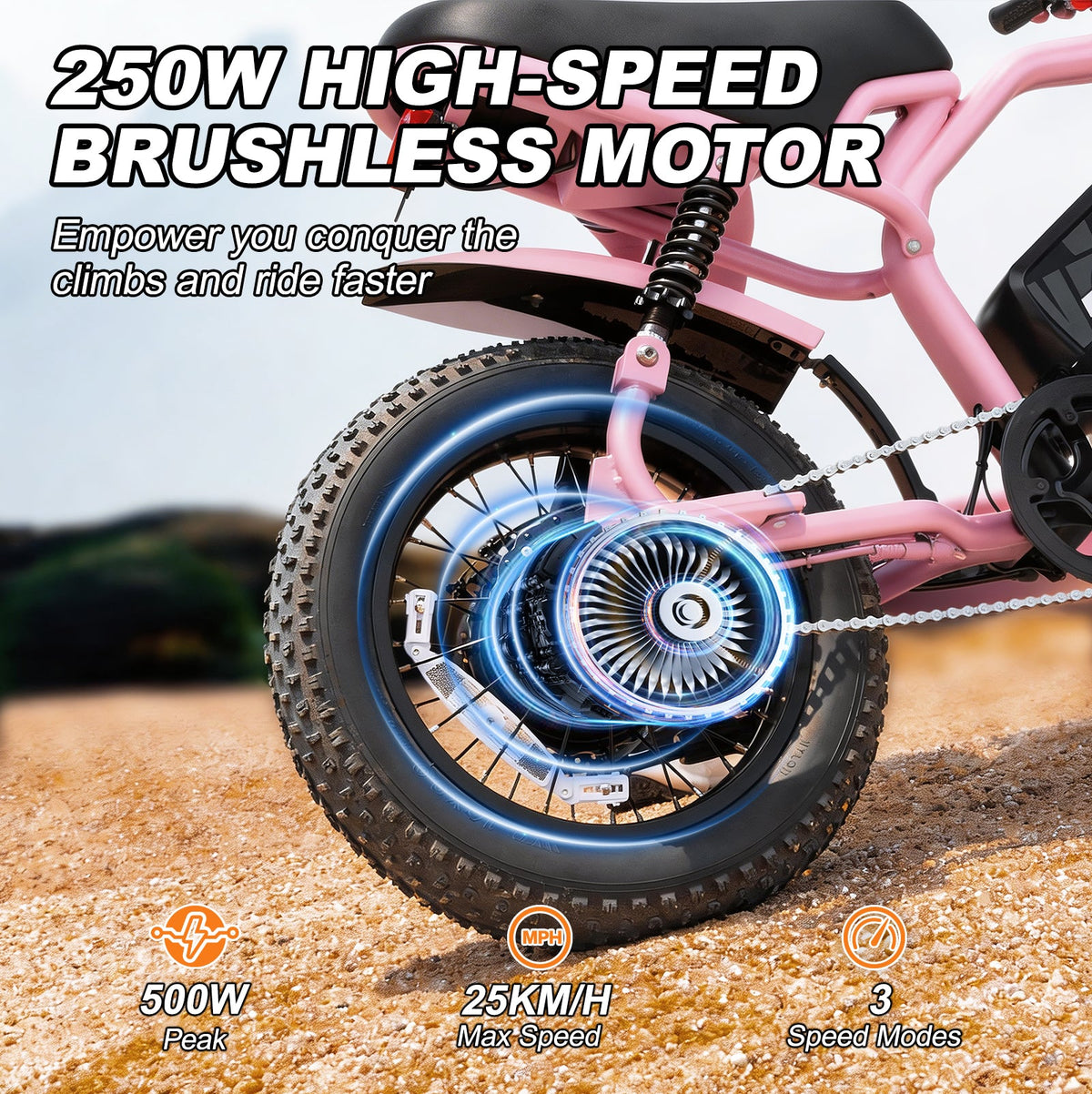 16 x 4.0 inch Fat Tire E-Bike for Teenager Top Speed 25km/h, Removable 36V 12.8Ah Battery, 50-70 Km PAS Range Full Suspension,EU Compliant | A13 Pink