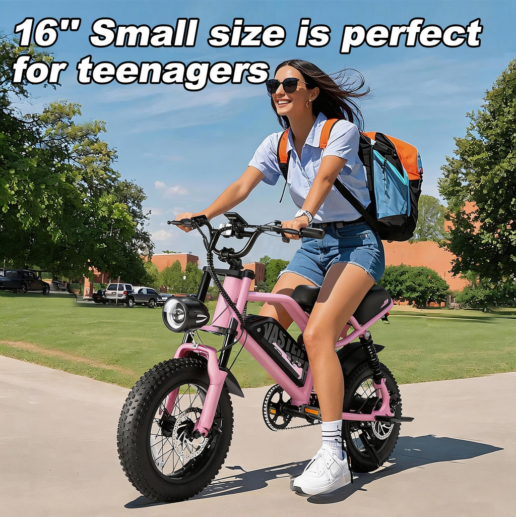 16 x 4.0 inch Fat Tire E-Bike for Teenager Top Speed 25km/h, Removable 36V 12.8Ah Battery, 50-70 Km PAS Range Full Suspension,EU Compliant | A13 Pink
