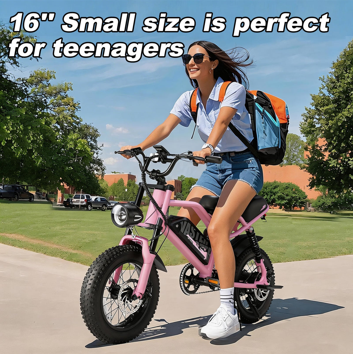 16 x 4.0 inch Fat Tire E-Bike for Teenager Top Speed 25km/h, Removable 36V 12.8Ah Battery, 50-70 Km PAS Range Full Suspension,EU Compliant | A13 Pink