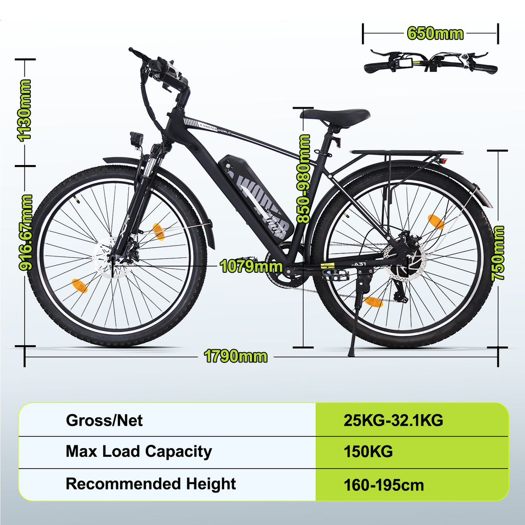Electric Bike for Adults, 27.5 Inch Electric Mountain Bike with Cruise Control, 250W 36V 12.8Ah Removable Battery, 25 km/h , Up to 50 KM Range | A31