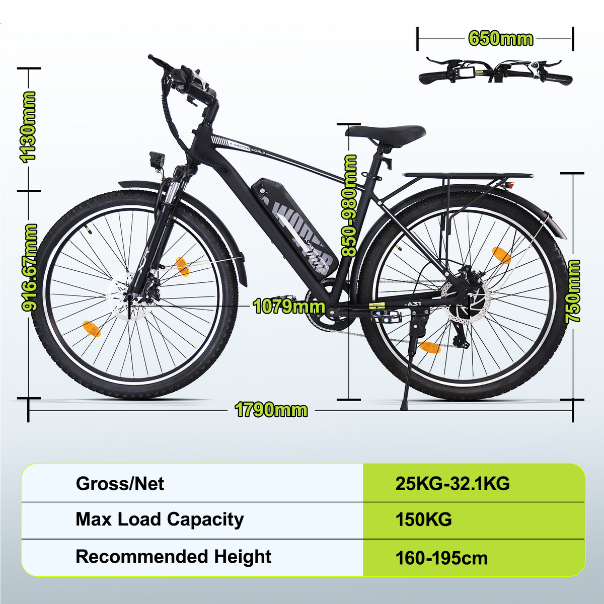 Electric Bike for Adults, 27.5 Inch Electric Mountain Bike with Cruise Control, 250W 36V 12.8Ah Removable Battery, 25 km/h , Up to 50 KM Range | A31
