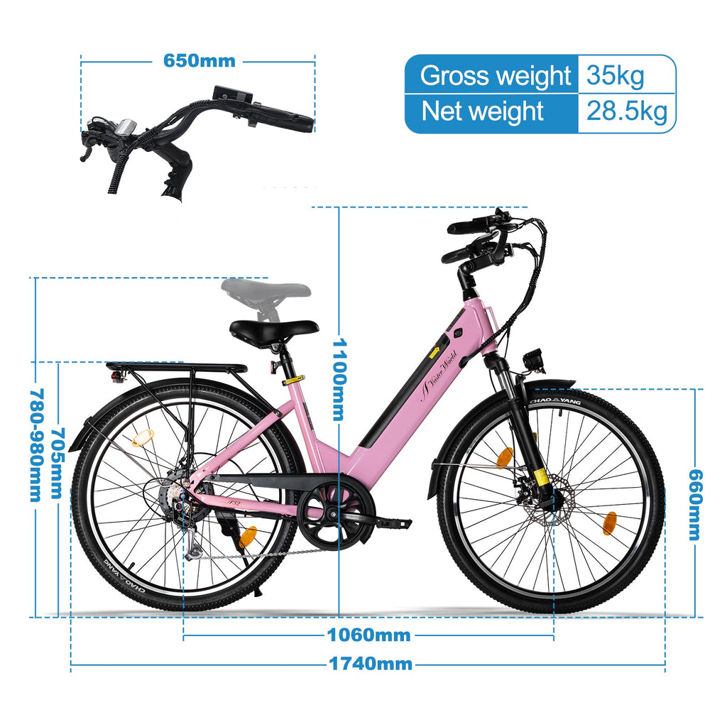 Ebike for Adult 26 Inch City Bike, 250W Motor, 48V 499 Wh Battery ,60-70 Km PAS Reichweite, 7 Gang Schaltung | A32 Pink