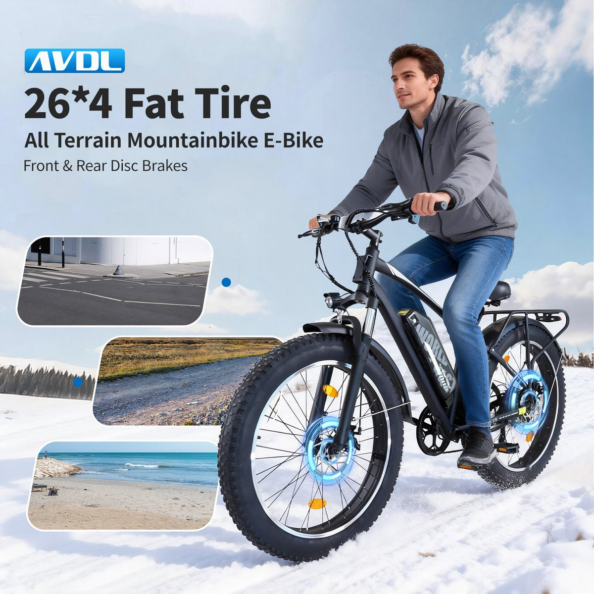 Mountain Bike for Adults , 26”x4“Fat Tire, 48V 15.6Ah Battery Up to 70KM, 250W Motor Max. 25km/h | A35 Black