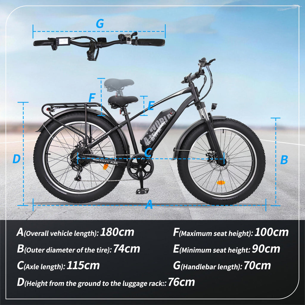 Mountain Bike for Adults , 26”x4“Fat Tire, 48V 15.6Ah Battery Up to 70KM, 250W Motor Max. 25km/h | A35 Black