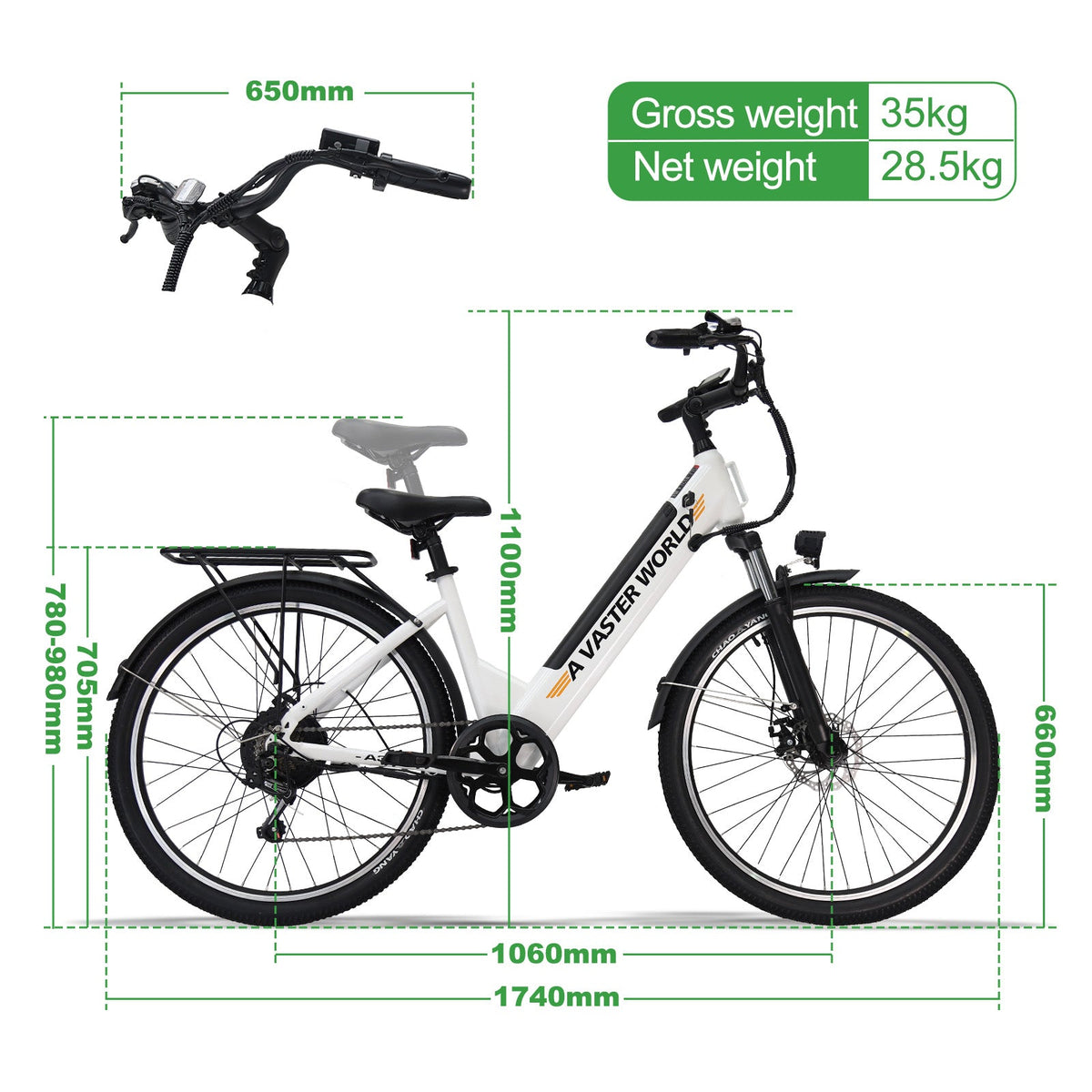 26 Inch Electric Bike for Adults, Electric EBike with 7-Speed, Low-step-through Electric Bicycles ,Assisted up to 70km Ebike White | A32